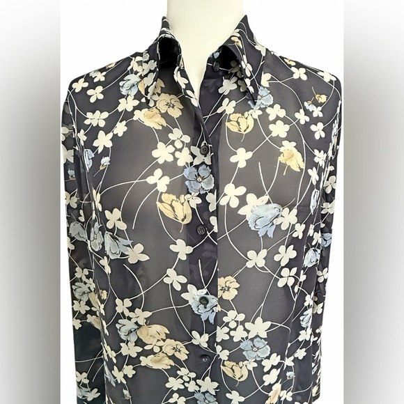 Ann Taylor LOFT 100% Silk Blouse Size 14 Navy Floral Semi Sheer Button Front Top - Picture 9 of 9